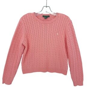 Lauren Ralph Lauren Pink Cotton Cable Knit Logo Sweater Womens Size L